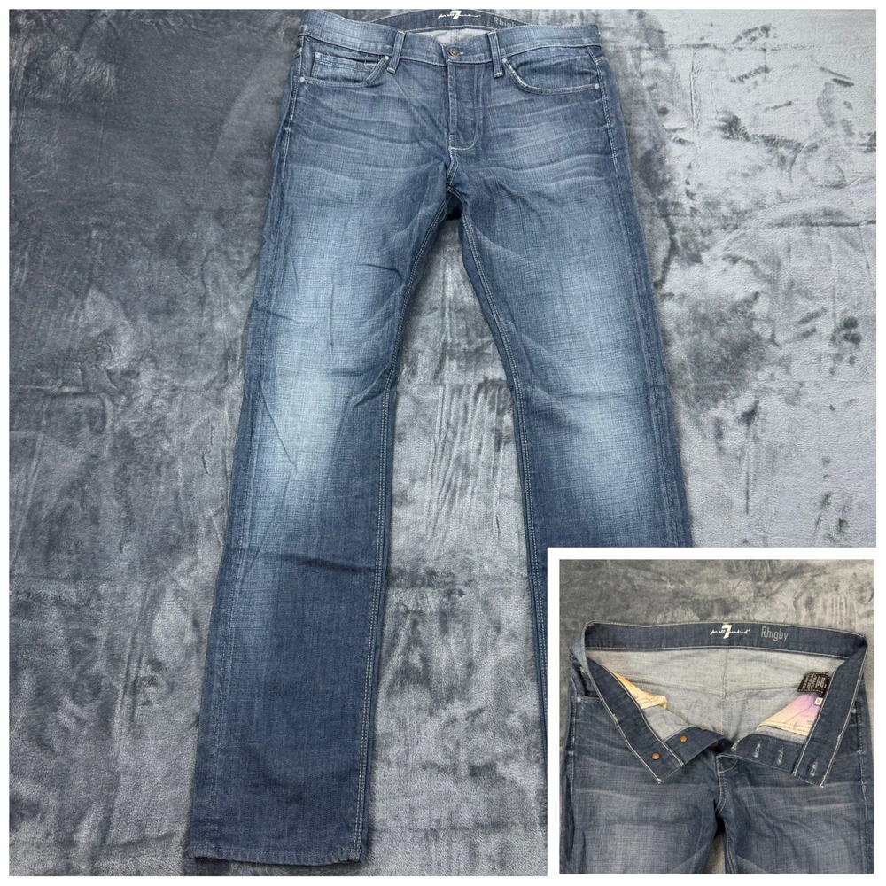 7 For All Mankind Rhigby Slim Straight Jeans Mens 32X33‎ Medium Wash Blue Denim